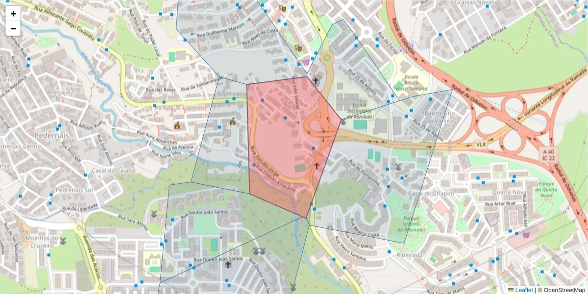 Mapa detalhado do código postal 2620-293 RAMADA com limites, códigos postais vizinhos e agências dos correios