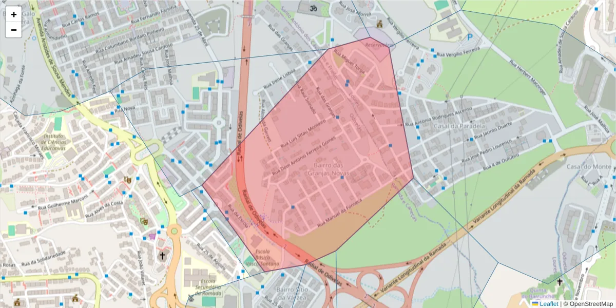 Mapa detalhado do código postal 2620-315 com limites, códigos postais vizinhos e agências dos correios