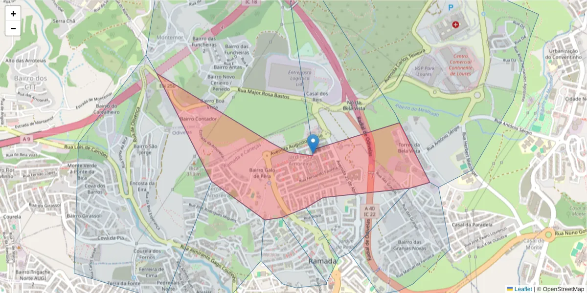 Mapa detalhado do código postal 2620-520 com limites, códigos postais vizinhos e agências dos correios