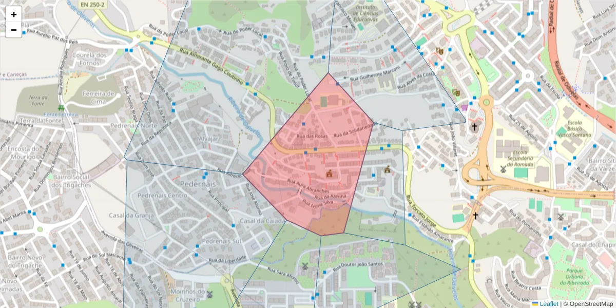 Mapa detalhado do código postal 2620288 com limites, códigos postais vizinhos e agências dos correios