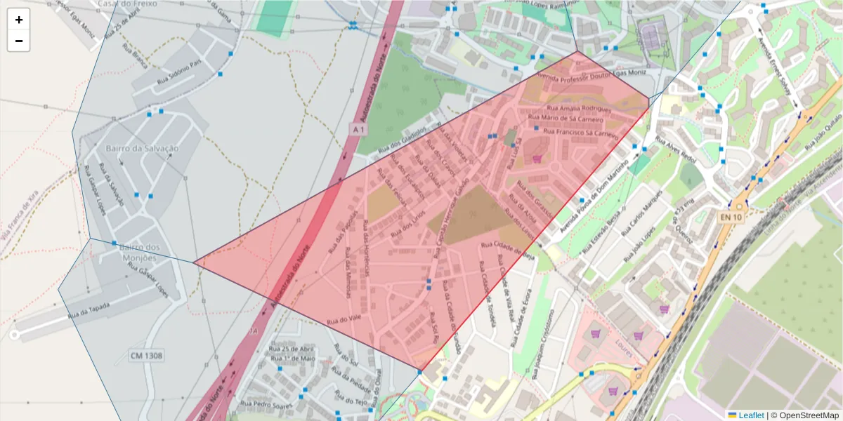 Mapa detalhado do código postal 2625-239 com limites, códigos postais vizinhos e agências dos correios