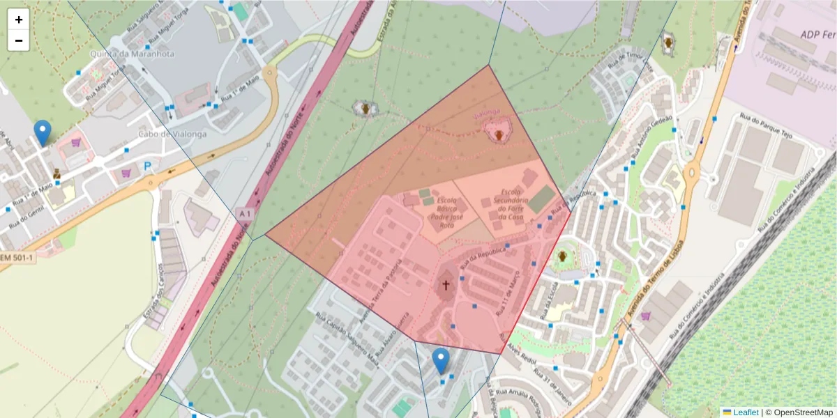 Mapa detalhado do código postal 2625-458 com limites, códigos postais vizinhos e agências dos correios