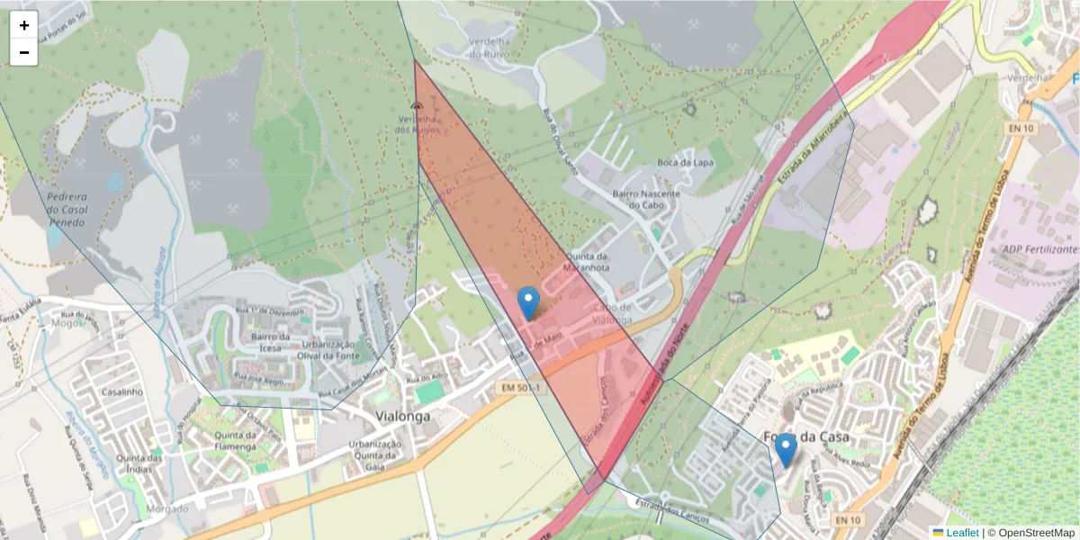 Mapa detalhado do código postal 2625-575 com limites, códigos postais vizinhos e agências dos correios
