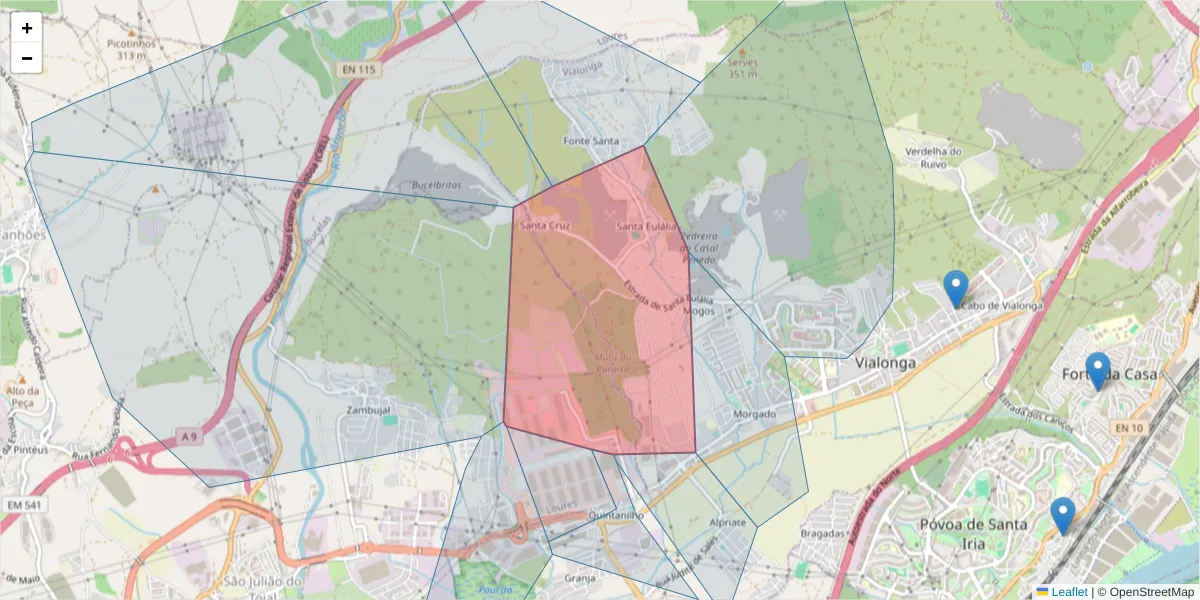Mapa detalhado do código postal 2625-577 com limites, códigos postais vizinhos e agências dos correios