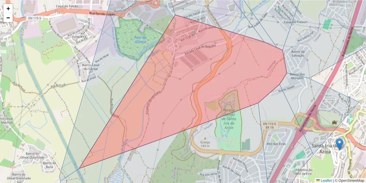 Mapa detalhado do código postal 2625-607 com limites, códigos postais vizinhos e agências dos correios