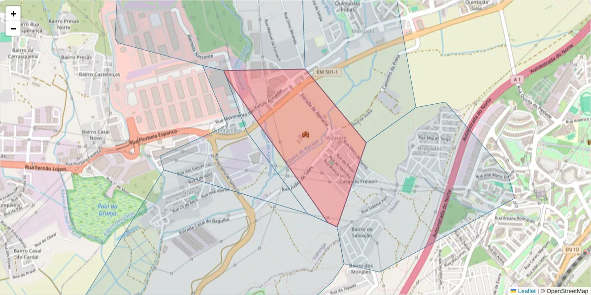 Mapa detalhado do código postal 2625-627 com limites, códigos postais vizinhos e agências dos correios