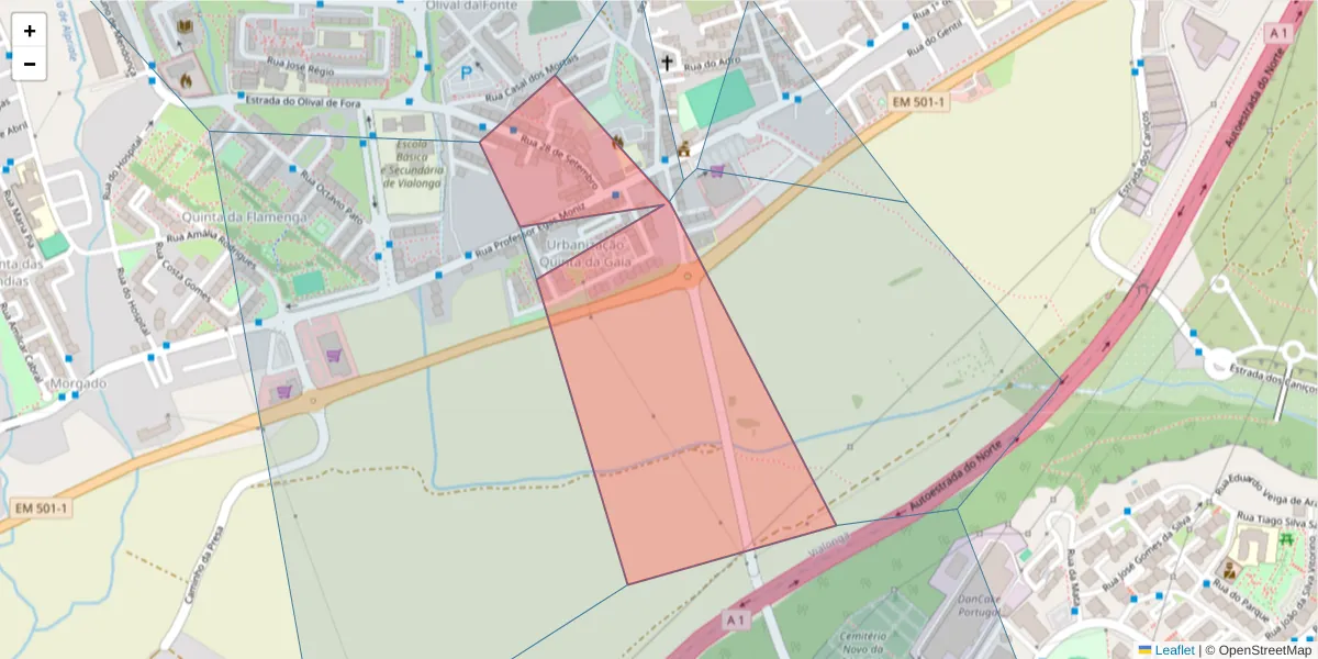 Mapa detalhado do código postal 2625-631 com limites, códigos postais vizinhos e agências dos correios