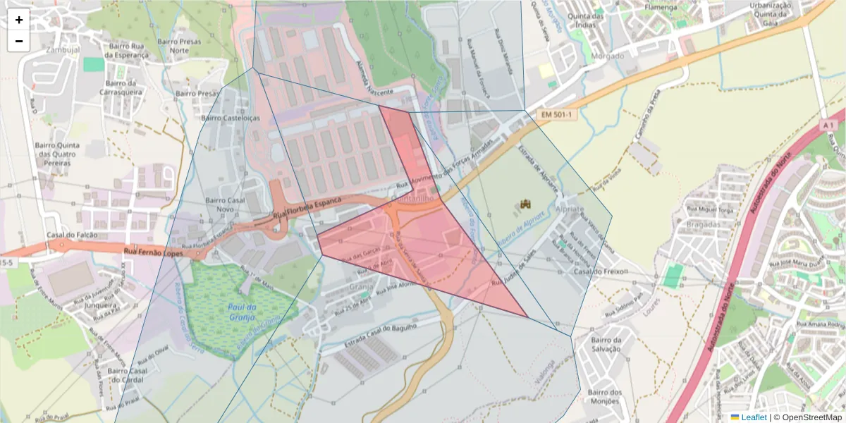 Mapa detalhado do código postal 2625-716 com limites, códigos postais vizinhos e agências dos correios