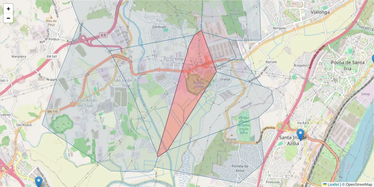 Mapa detalhado do código postal 2625-717 com limites, códigos postais vizinhos e agências dos correios
