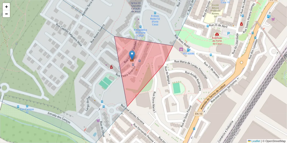 Mapa detalhado do código postal 2625-996 com limites, códigos postais vizinhos e agências dos correios