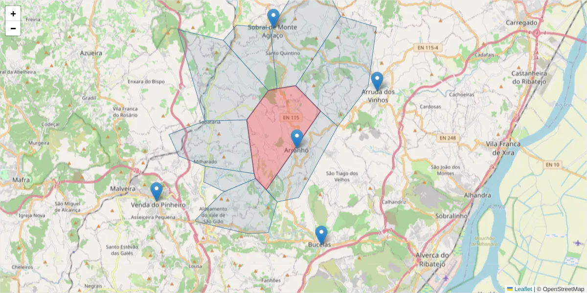 Mapa detalhado do código postal 2630-027 com limites, códigos postais vizinhos e agências dos correios
