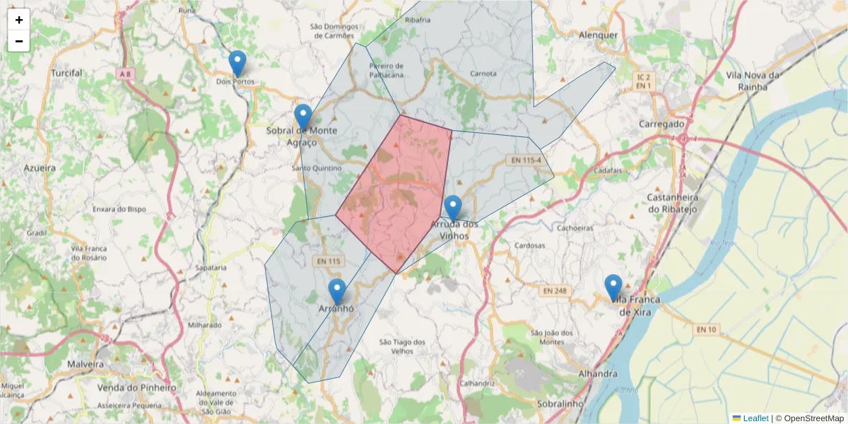 Mapa detalhado do código postal 2630-140 com limites, códigos postais vizinhos e agências dos correios