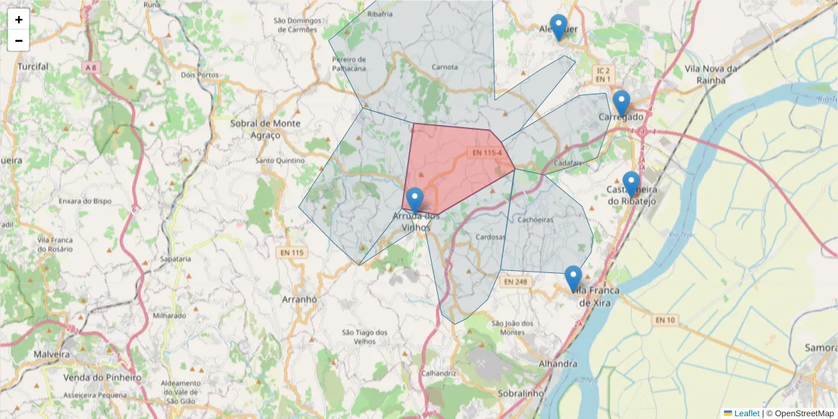 Mapa detalhado do código postal 2630-162 com limites, códigos postais vizinhos e agências dos correios