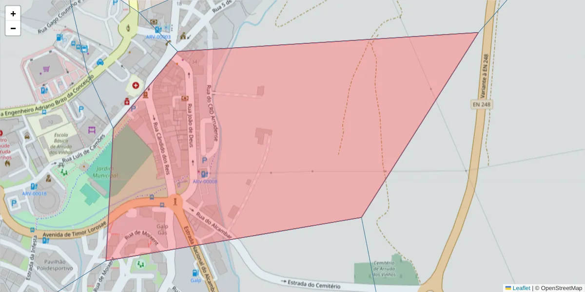Mapa detalhado do código postal 2630-247 com limites, códigos postais vizinhos e agências dos correios