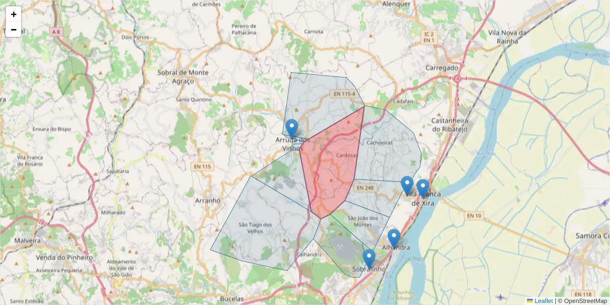 Mapa detalhado do código postal 2630-328 com limites, códigos postais vizinhos e agências dos correios
