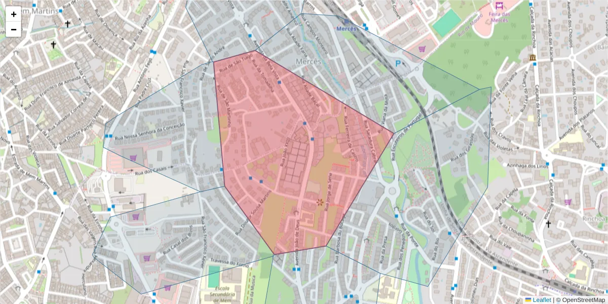 Mapa detalhado do código postal 2635-173 com limites, códigos postais vizinhos e agências dos correios