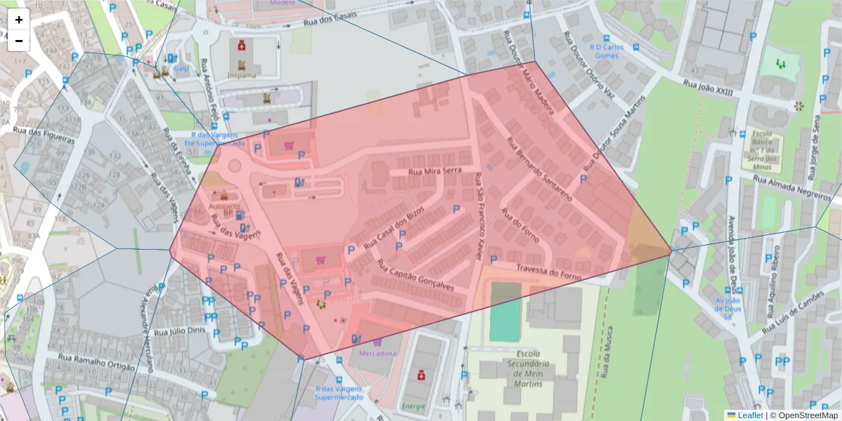 Mapa detalhado do código postal 2635-198 com limites, códigos postais vizinhos e agências dos correios