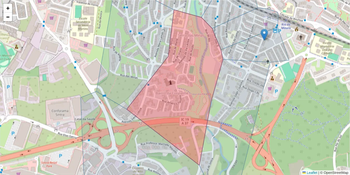 Mapa detalhado do código postal 2635-343 com limites, códigos postais vizinhos e agências dos correios