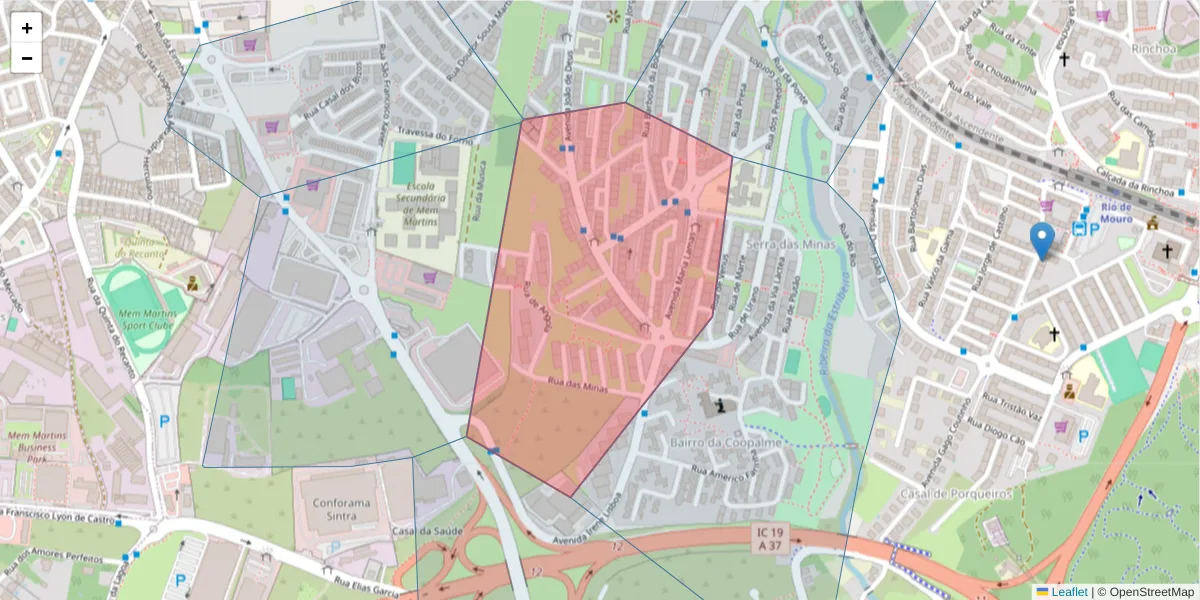 Mapa detalhado do código postal 2635-433 com limites, códigos postais vizinhos e agências dos correios