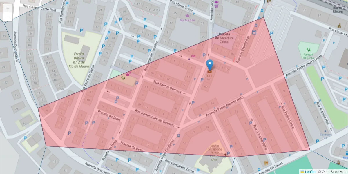 Mapa detalhado do código postal 2635-999 com limites, códigos postais vizinhos e agências dos correios