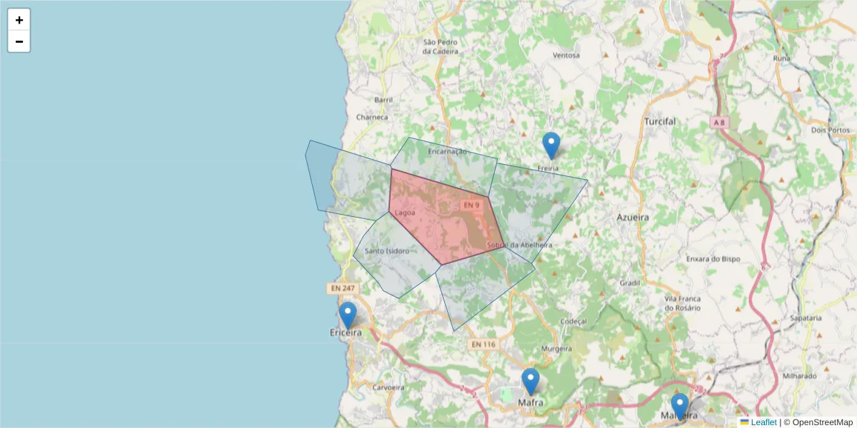 Mapa detalhado do código postal 2640-064 com limites, códigos postais vizinhos e agências dos correios