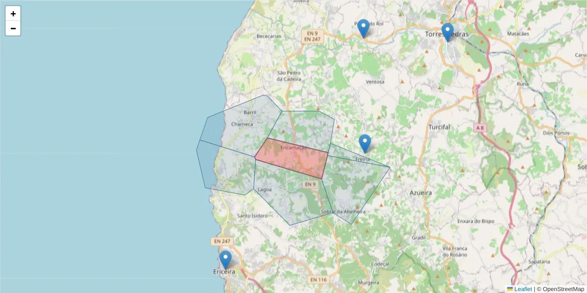 Mapa detalhado do código postal 2640-232 com limites, códigos postais vizinhos e agências dos correios