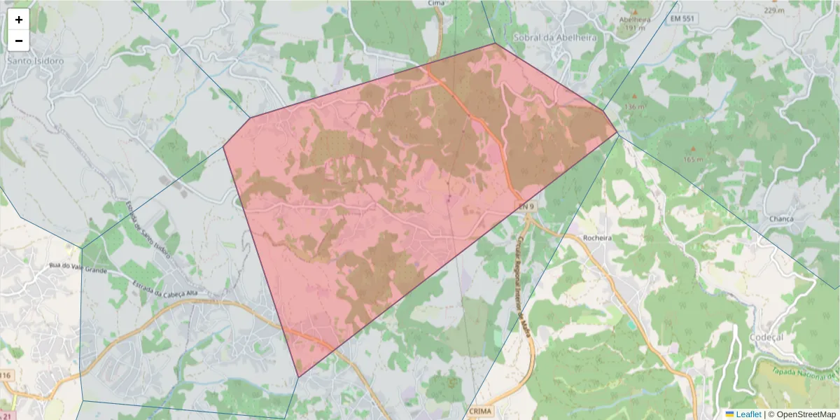Mapa detalhado do código postal 2640-401 com limites, códigos postais vizinhos e agências dos correios