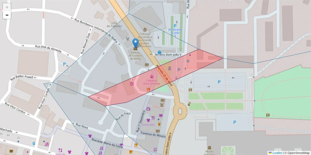 Mapa detalhado do código postal 2640-454 com limites, códigos postais vizinhos e agências dos correios