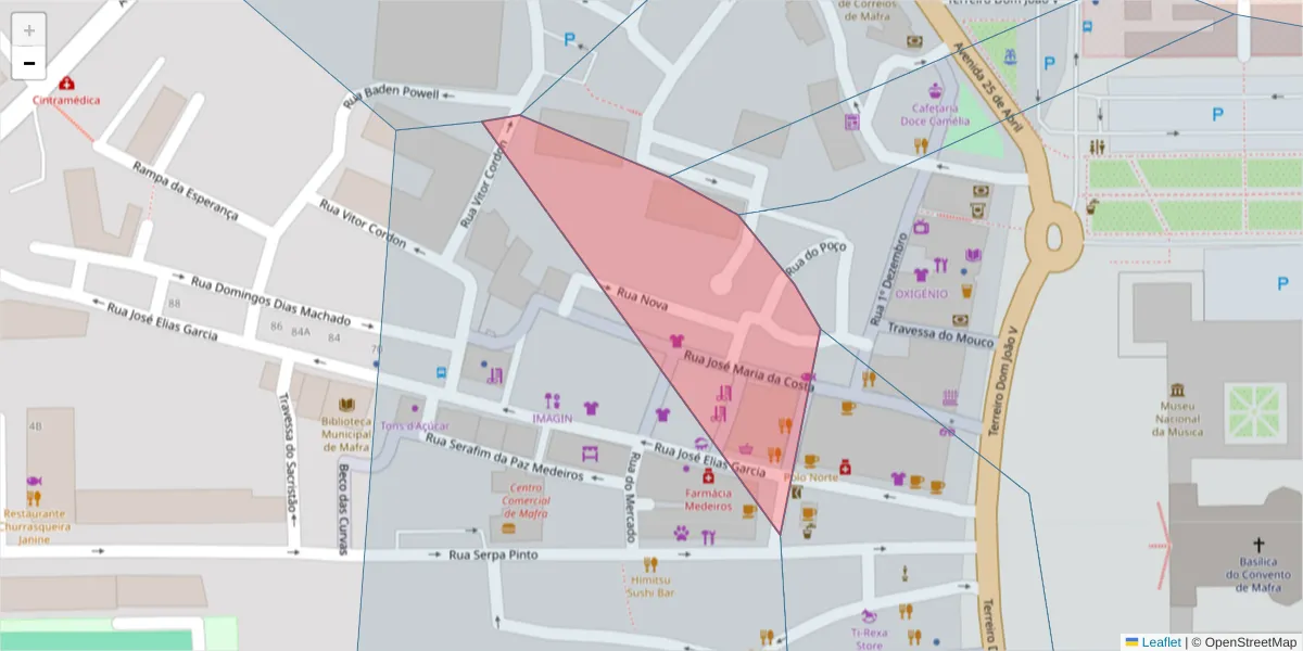 Mapa detalhado do código postal 2640-459 com limites, códigos postais vizinhos e agências dos correios