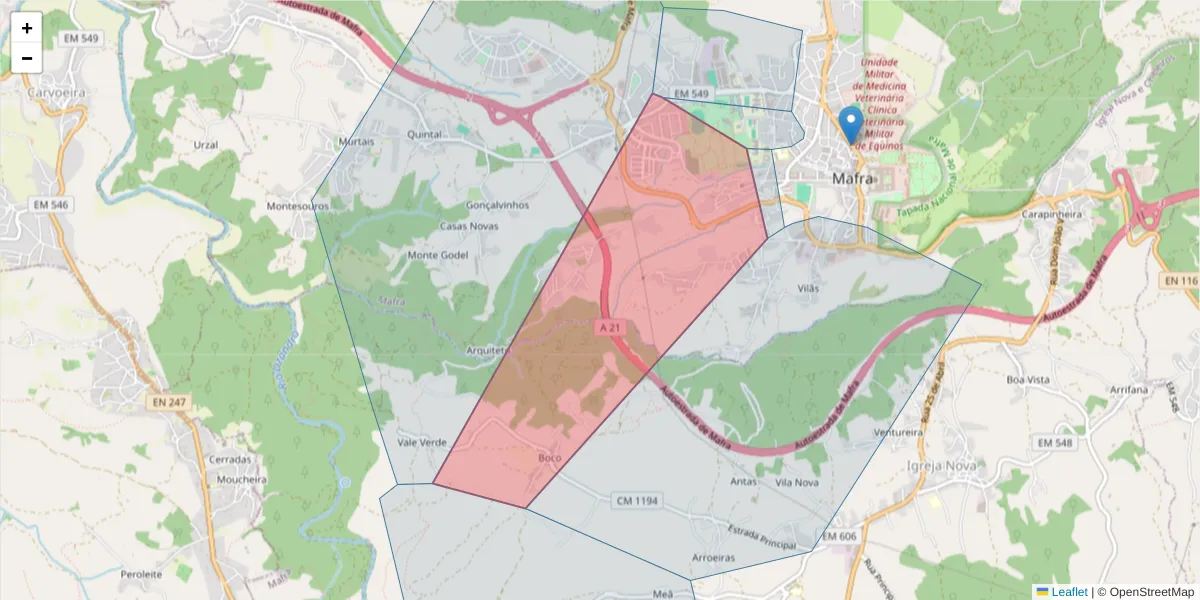 Mapa detalhado do código postal 2640-468 com limites, códigos postais vizinhos e agências dos correios