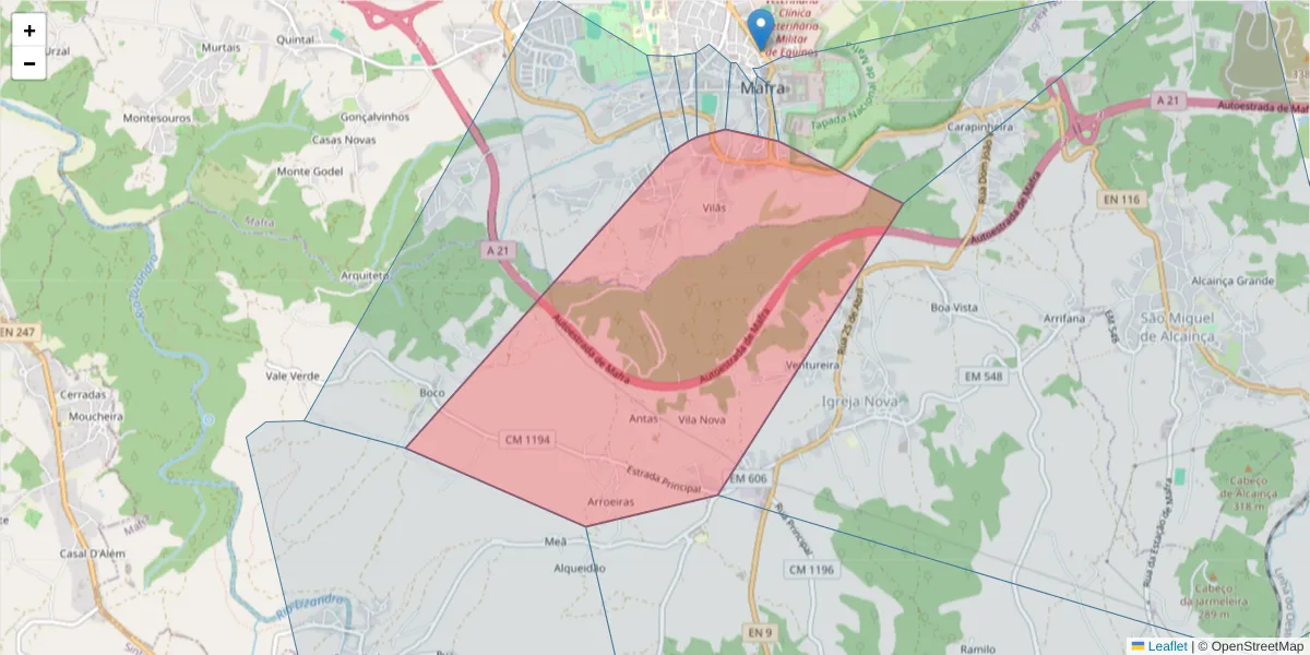 Mapa detalhado do código postal 2640-487 com limites, códigos postais vizinhos e agências dos correios