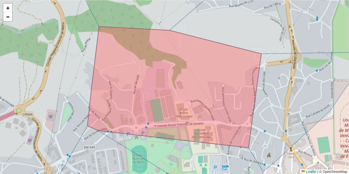 Mapa detalhado do código postal 2640-488 com limites, códigos postais vizinhos e agências dos correios