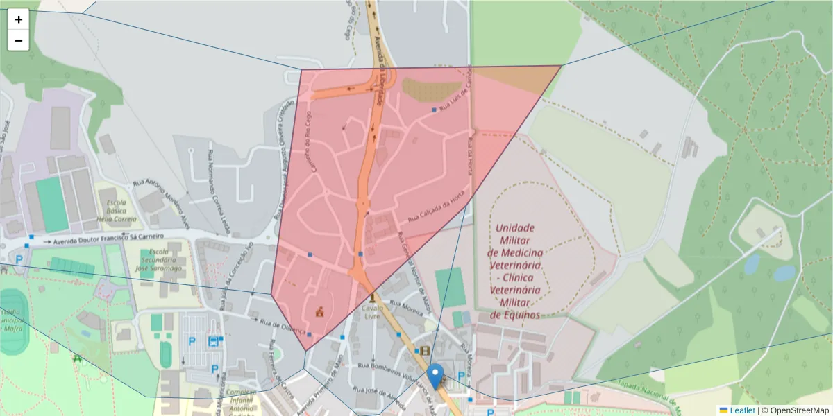 Mapa detalhado do código postal 2640-542 com limites, códigos postais vizinhos e agências dos correios