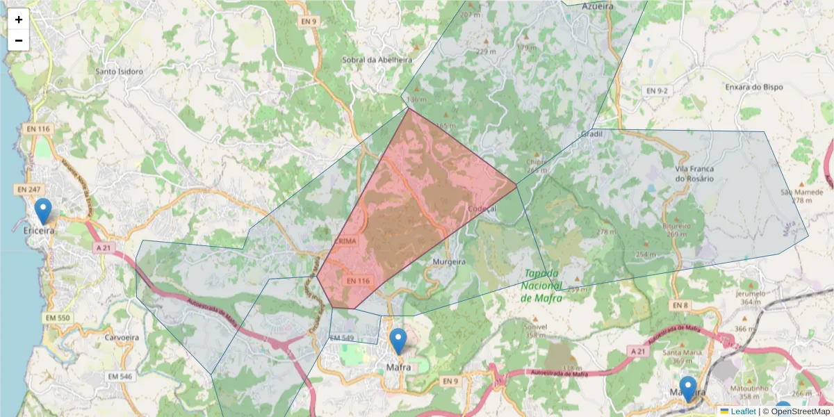 Mapa detalhado do código postal 2640-577 com limites, códigos postais vizinhos e agências dos correios
