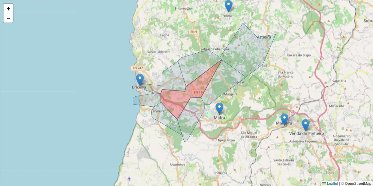 Mapa detalhado do código postal 2640-578 com limites, códigos postais vizinhos e agências dos correios
