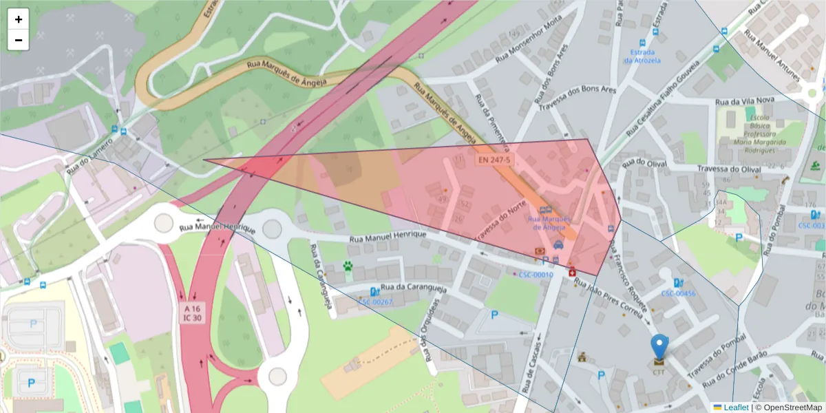 Mapa detalhado do código postal 2645-040 com limites, códigos postais vizinhos e agências dos correios
