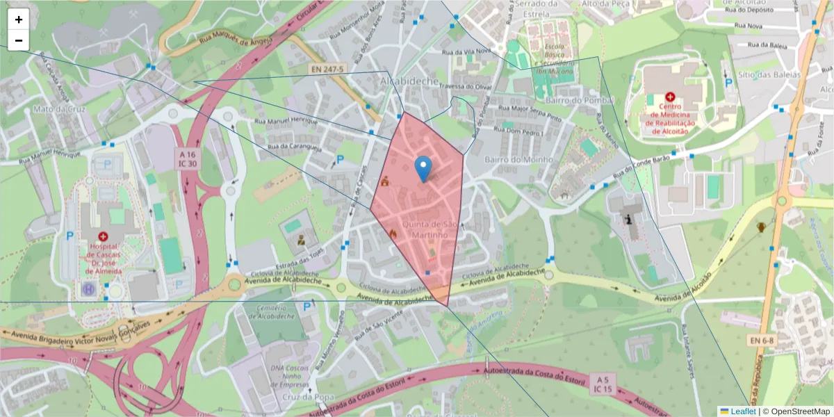 Mapa detalhado do código postal 2645-050 com limites, códigos postais vizinhos e agências dos correios