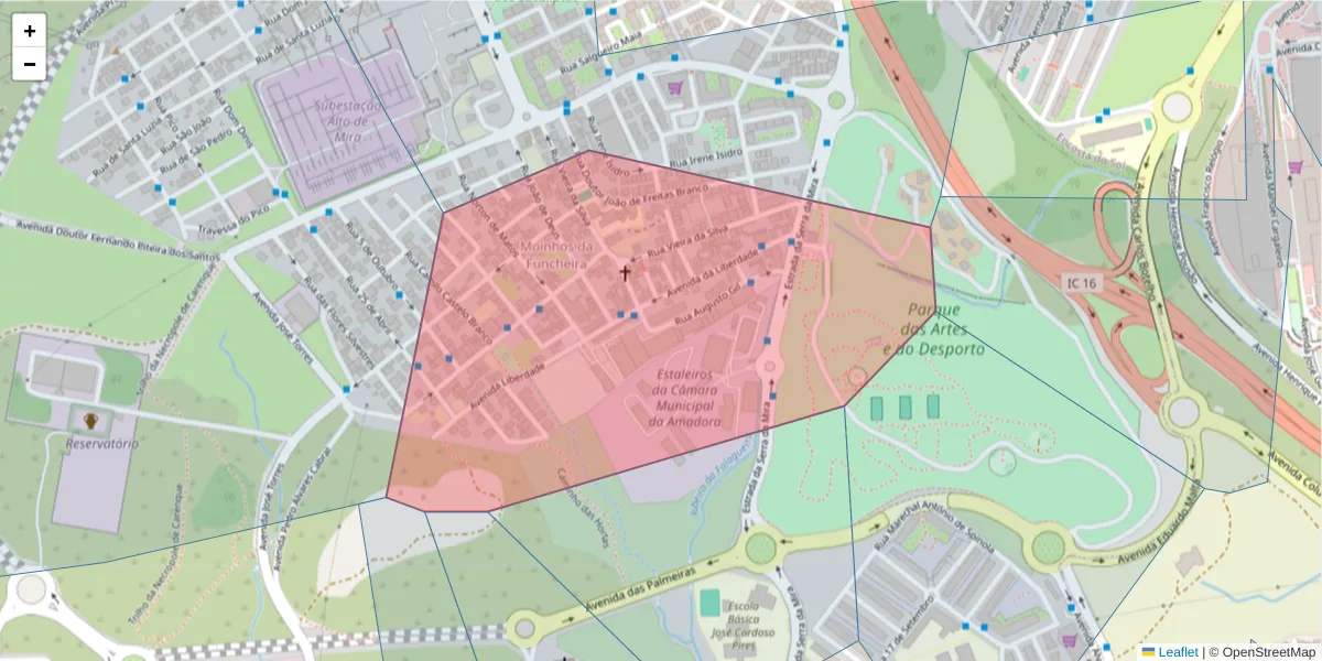 Mapa detalhado do código postal 2650-063 com limites, códigos postais vizinhos e agências dos correios
