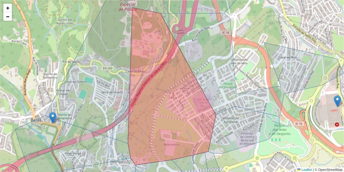 Mapa detalhado do código postal 2650-309 com limites, códigos postais vizinhos e agências dos correios