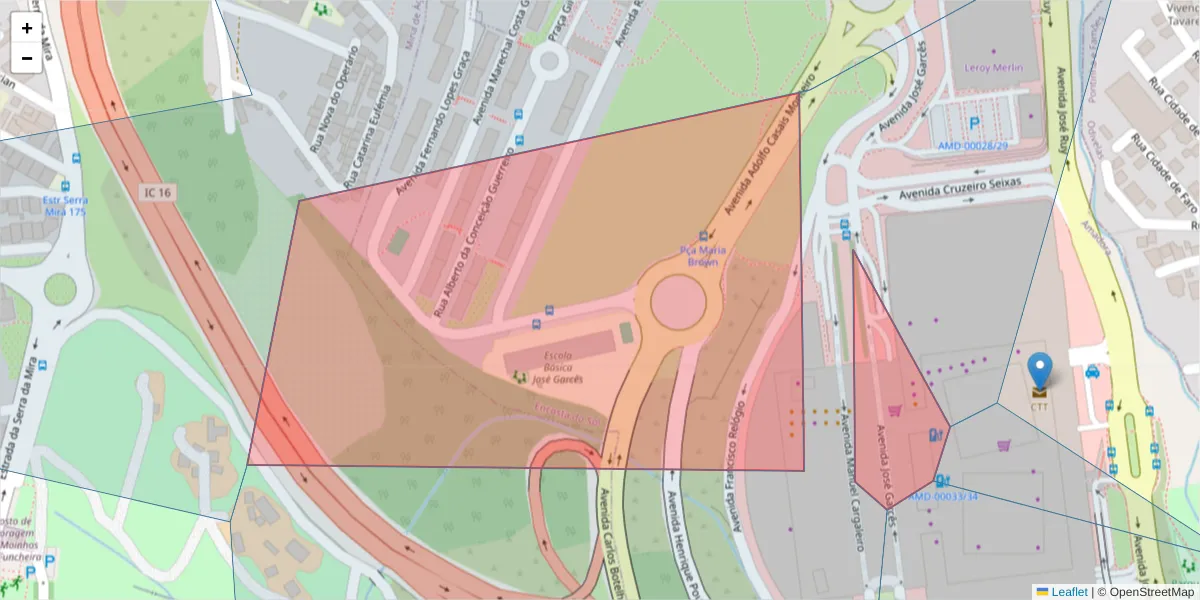 Mapa detalhado do código postal 2650-435 com limites, códigos postais vizinhos e agências dos correios
