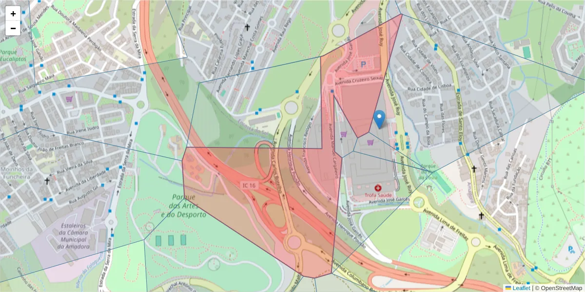 Mapa detalhado do código postal 2650-504 com limites, códigos postais vizinhos e agências dos correios