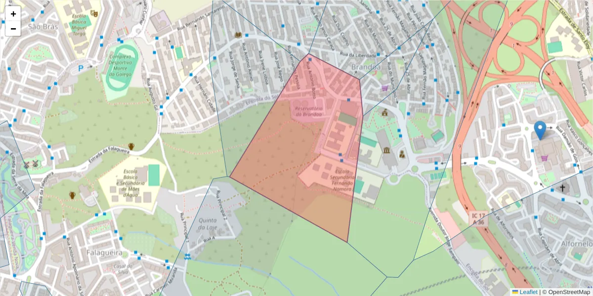 Mapa detalhado do código postal 2650 com limites, códigos postais vizinhos e agências dos correios