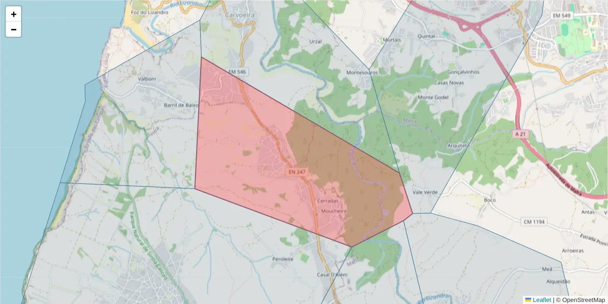 Mapa detalhado do código postal 2655-128 com limites, códigos postais vizinhos e agências dos correios