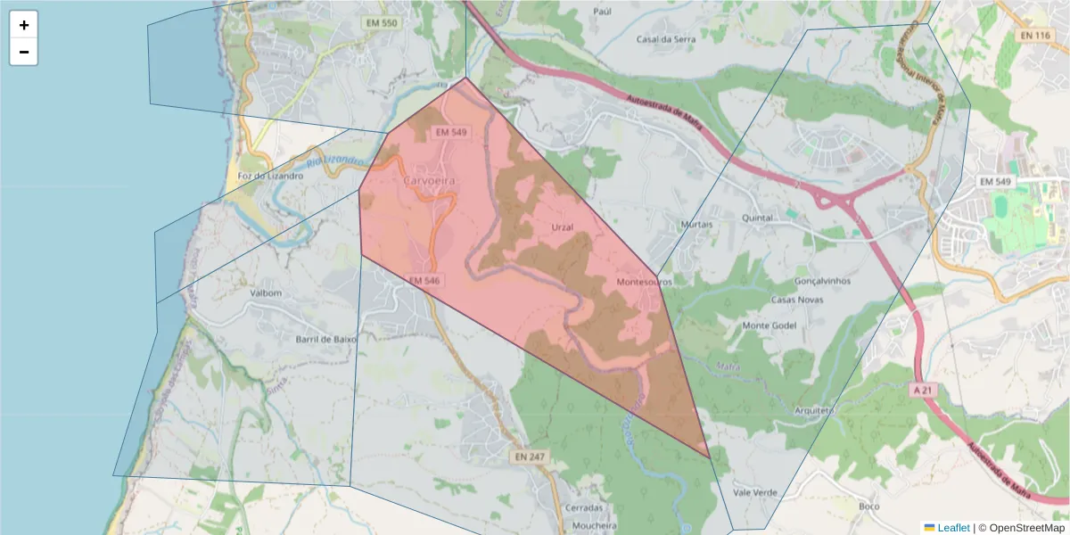 Mapa detalhado do código postal 2655-132 com limites, códigos postais vizinhos e agências dos correios