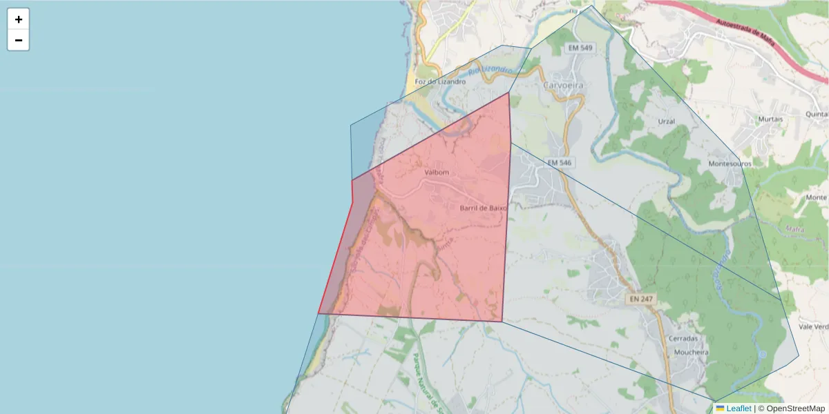 Mapa detalhado do código postal 2655-133 com limites, códigos postais vizinhos e agências dos correios