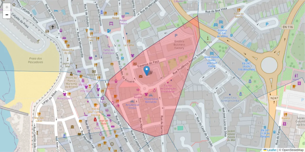 Mapa detalhado do código postal 2655-249 com limites, códigos postais vizinhos e agências dos correios