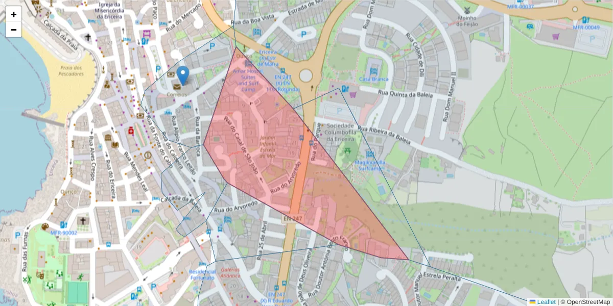 Mapa detalhado do código postal 2655-299 com limites, códigos postais vizinhos e agências dos correios