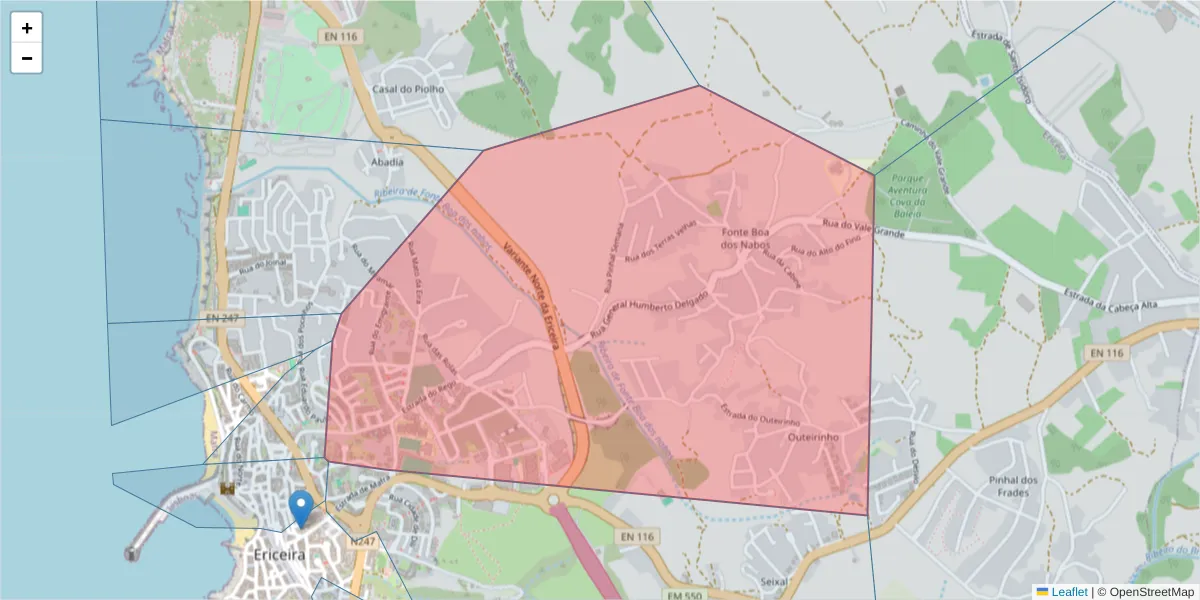 Mapa detalhado do código postal 2655-300 com limites, códigos postais vizinhos e agências dos correios