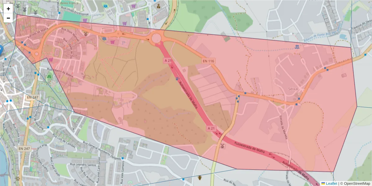 Mapa detalhado do código postal 2655-350 com limites, códigos postais vizinhos e agências dos correios