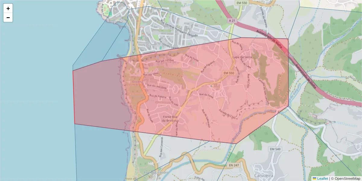 Mapa detalhado do código postal 2655-400 com limites, códigos postais vizinhos e agências dos correios